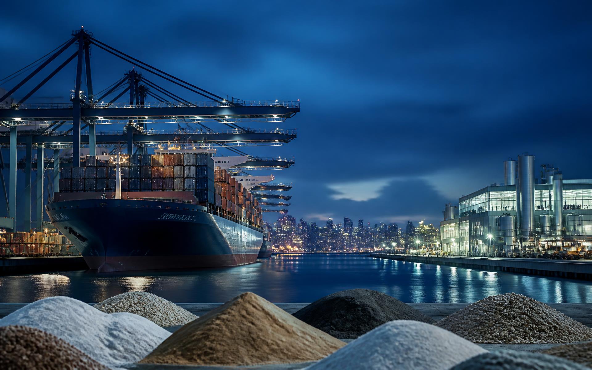 Cargo ship, containers, port, warehouse and premium raw materials